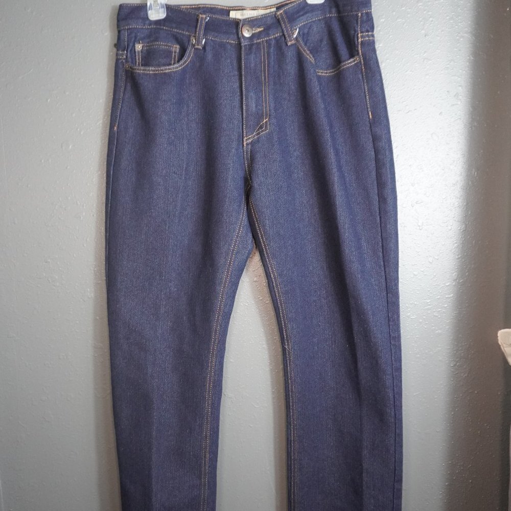 Vintage Genes Mens Dark Wash Blue Slim Straight Denim Distress Jeans Size 34X32